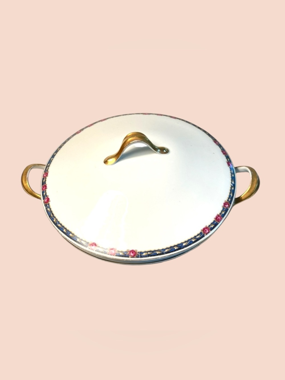 VINTAGE Covered Vegetable Dish with Gold Handles Navy Blue band of flowers - Picture 16 of 16